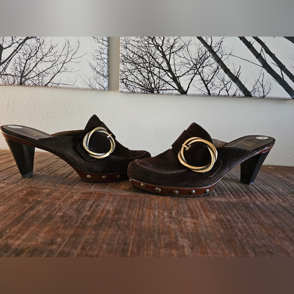 Stuart Weitzman Women Brown Suede Platform Studded Clog Mule Buckle  Shoe 7.5